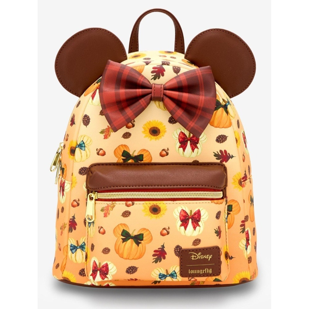 NEW! Loungefly Disney Minnie Mouse Fall Pumpkin Plaid Bow Backpack & WALLET Set! - Picture 2 of 9